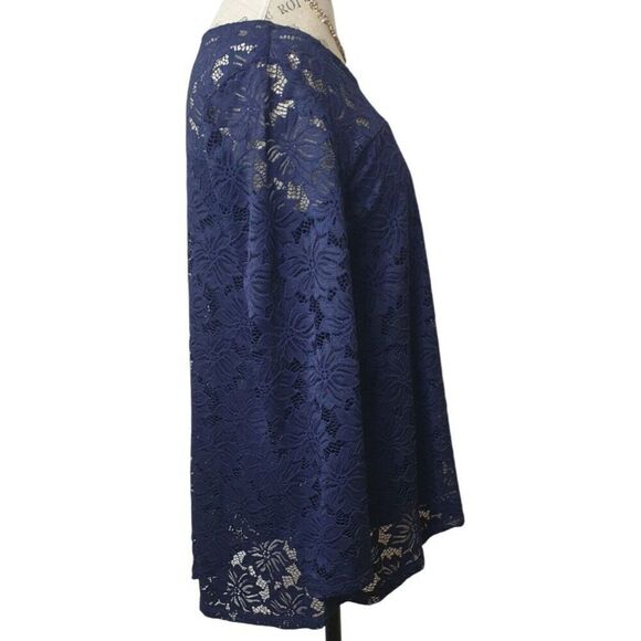 Woman's Floral Lace Long Sleeve Top Sz M Navy Blue Overlay Boho Fairy Grunge - Picture 3 of 5